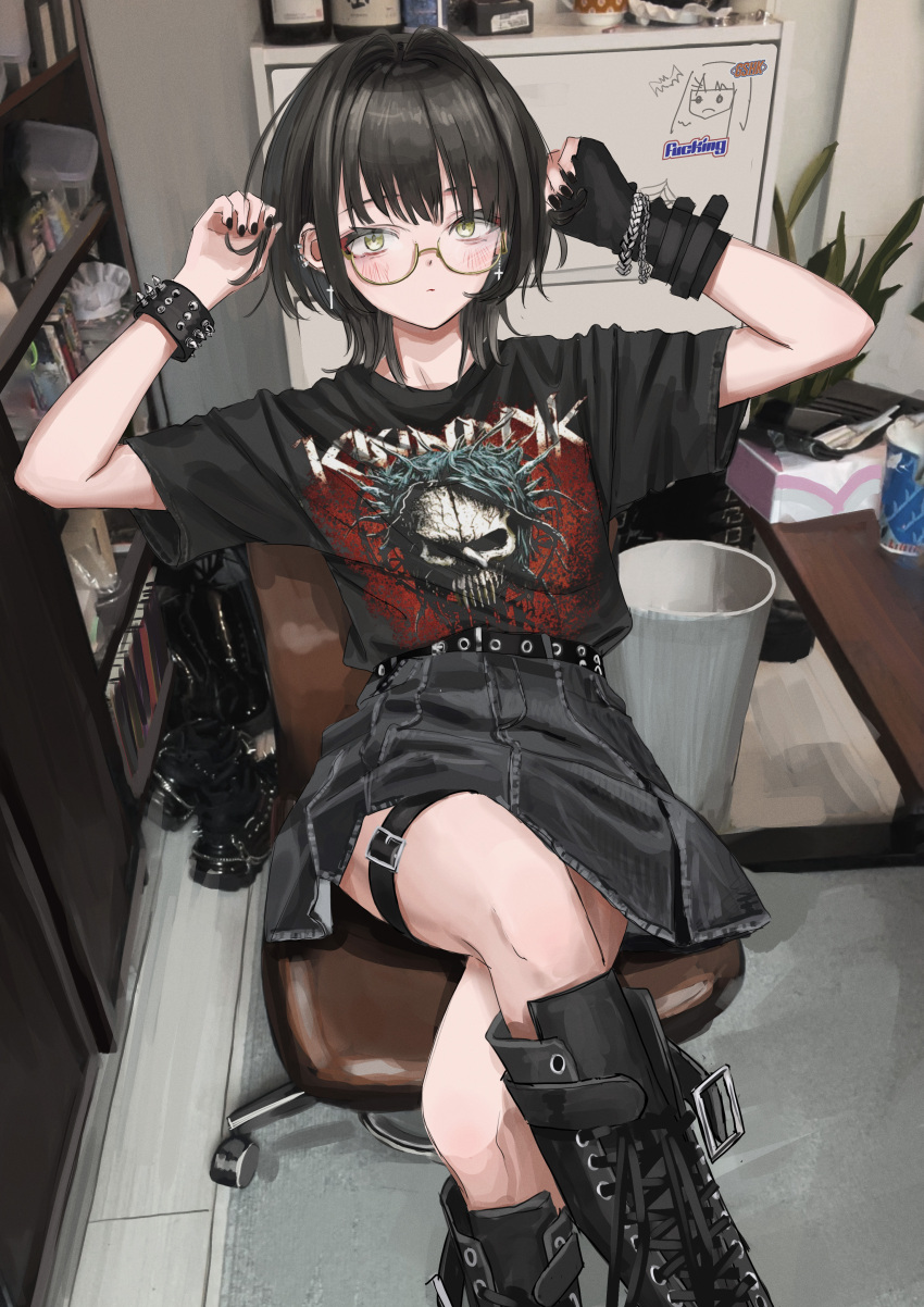 1girl absurdres arms_up belt_buckle black_boots black_gloves black_hair black_skirt bookshelf boots bracelet buckle cabinet chair crossed_legs cup desk disposable_cup expressionless fingerless_gloves gishiki_(gshk) gloves goth_fashion hands_up heavy_metal highres indoors jewelry lace-up_boots looking_at_viewer medium_hair office_chair original playing_with_own_hair rug semi-rimless_eyewear shirt short_sleeves single_glove sitting skirt skull solo sticker studded_bracelet swivel_chair thigh_strap trash_can under-rim_eyewear white_shirt yellow-framed_eyewear