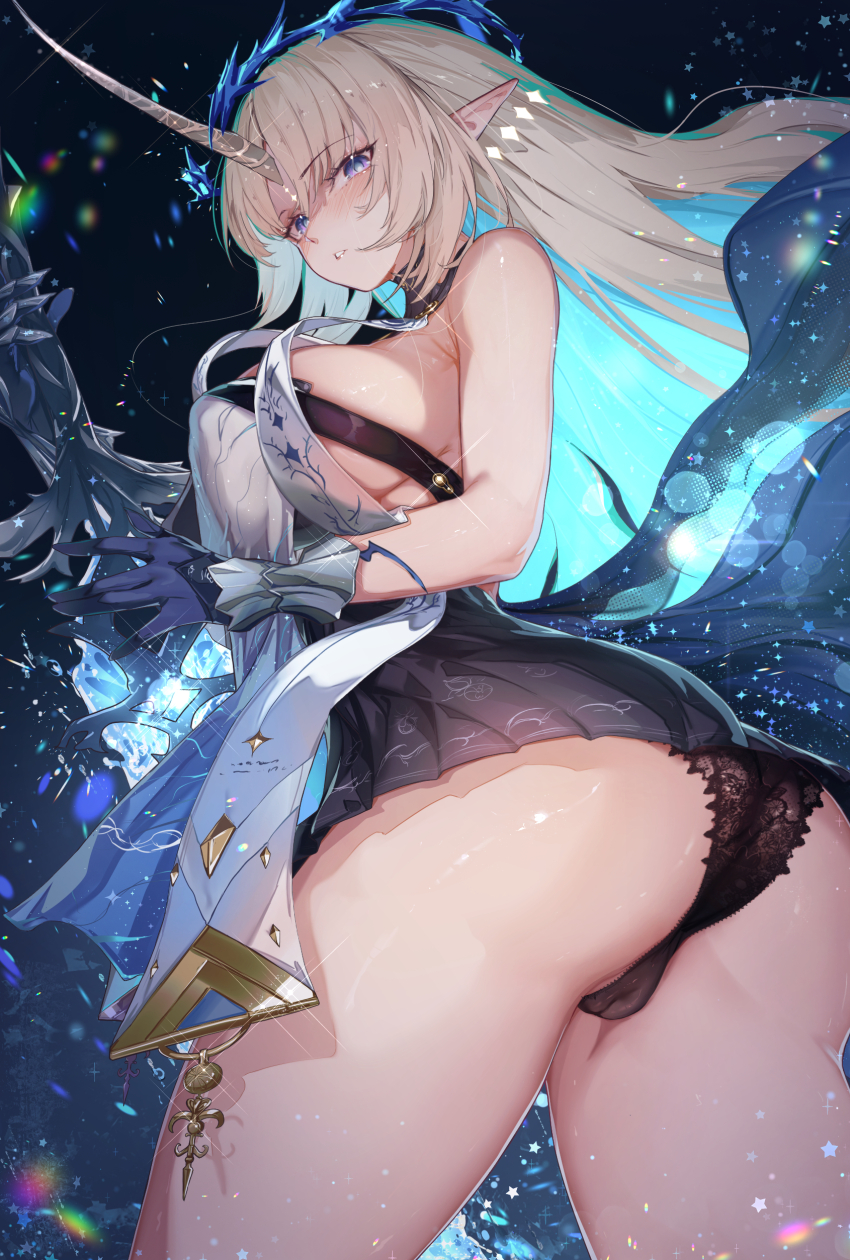 1girl absurdres armpit_crease ass bare_shoulders black_collar black_dress black_panties blonde_hair blue_eyes blue_hair blush breasts cameltoe collar colored_inner_hair commentary_request covered_erect_nipples cowboy_shot crown_of_thorns dress earrings fleurdelys_(wuthering_waves) floating_earrings from_behind highres holding holding_sword holding_weapon horns jewelry lace lace_panties large_breasts long_hair long_horns looking_at_viewer looking_back multicolored_hair paid_reward_available panties parted_lips pointy_ears short_dress sidelocks single_horn solo sword thighs underwear ura_illust very_long_hair weapon wuthering_waves yellow_horns