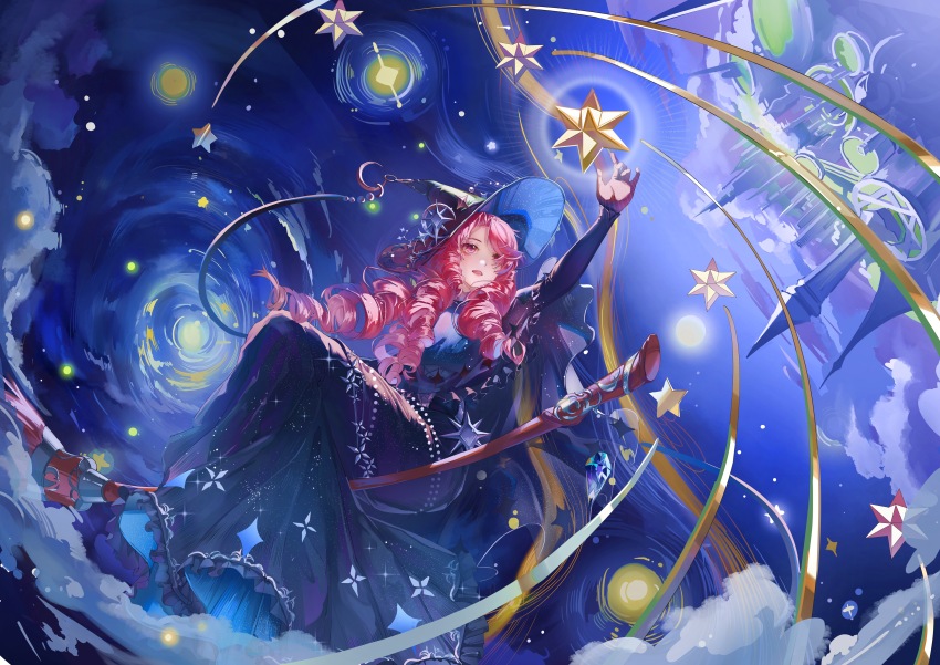 1girl absurdres artist_request black_capelet black_dress black_hat blue_hat broom broom_riding capelet castle chinese_commentary cloud commentary_request crescent crescent_hat_ornament dress drill_hair fireflies floating_hair frilled_capelet frilled_dress frills full_body full_moon hair_over_one_eye hair_over_shoulder happy hat hat_ornament highres light_particles long_dress long_hair long_sleeves looking_at_object miracle_nikki moon night night_sky nikki_(nikki) nikki_(series) open_mouth outdoors pink_eyes pink_hair pleated_dress reaching second-party_source sky smile solo star_(symbol) star_hat_ornament star_print two-sided_fabric two-sided_headwear very_long_hair witch witch_hat