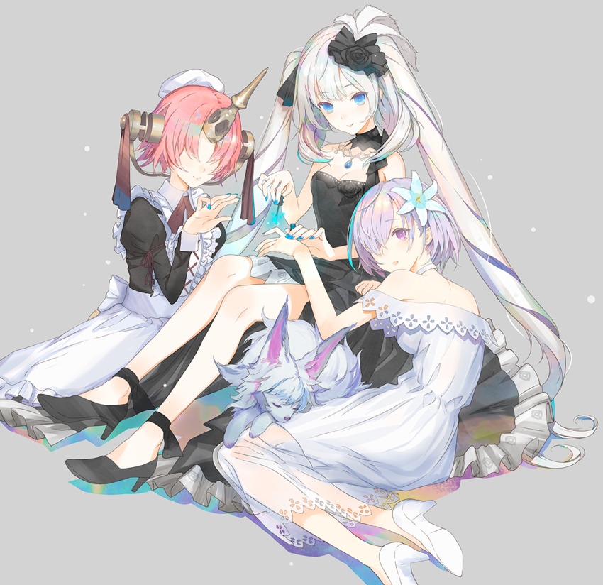 3girls apron bare_shoulders black_dress black_footwear blue_eyes blue_flower blush dress fate/apocrypha fate/grand_order fate_(series) flower frankenstein&#039;s_monster_(fate) frilled_apron frills fuyuno_haruaki grey_background grey_hair hair_flower hair_ornament hair_over_one_eye hand_up high_heels horns juliet_sleeves light_smile long_hair long_sleeves maid marie_antoinette_(fate) marie_antoinette_(formal_dress)_(fate) mash_kyrielight mash_kyrielight_(formal_dress) multicolored_hair multiple_girls official_alternate_costume parted_lips pink_hair puffy_sleeves purple_eyes purple_hair shoes short_hair simple_background single_horn sitting very_long_hair white_dress white_footwear yokozuwari