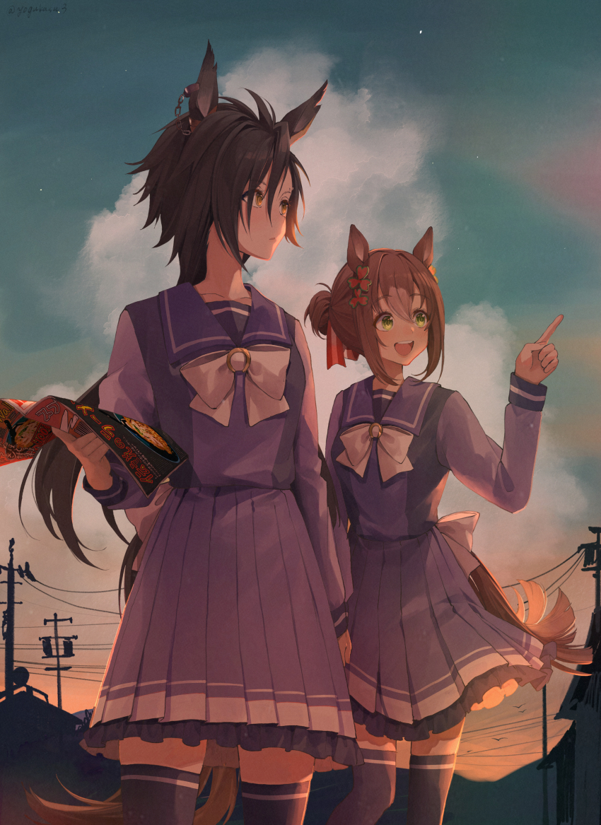 2girls absurdres air_shakur_(umamusume) animal_ears black_hair blush brown_hair clover_hair_ornament cowboy_shot double_bun fine_motion_(umamusume) hair_bun hair_ornament highres horse_ears horse_girl horse_tail long_hair long_sleeves medium_hair multicolored_hair multiple_girls open_mouth purple_shirt purple_skirt sailor_collar school_uniform shirt skirt sleeves_pushed_up sweatdrop tail tracen_school_uniform two-tone_hair umamusume yellow_eyes yogukasu