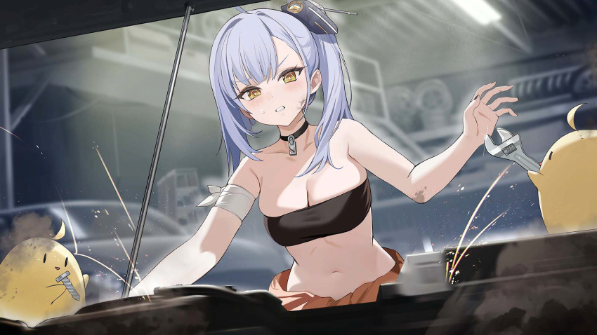 1girl ahoge artist_request azur_lane bandaged_arm bandages bandaid bandaid_on_arm bare_shoulders bird black_choker black_nails blurry blurry_background blush breasts car chick choker cleavage clenched_teeth clothes_around_waist collarbone dirty grey_hair hair_ornament hand_up headgear highres holding holding_wrench indoors jumpsuit key long_hair looking_at_viewer mechanic medium_breasts midriff motor_vehicle nail_polish navel non-web_source oceana_(azur_lane) official_art parted_lips repairing screw shirt side_ponytail siren_(azur_lane) skindentation solo standing stomach strapless sweat sweatdrop teeth tools tube_top upper_body v-shaped_eyebrows wrench yellow_eyes