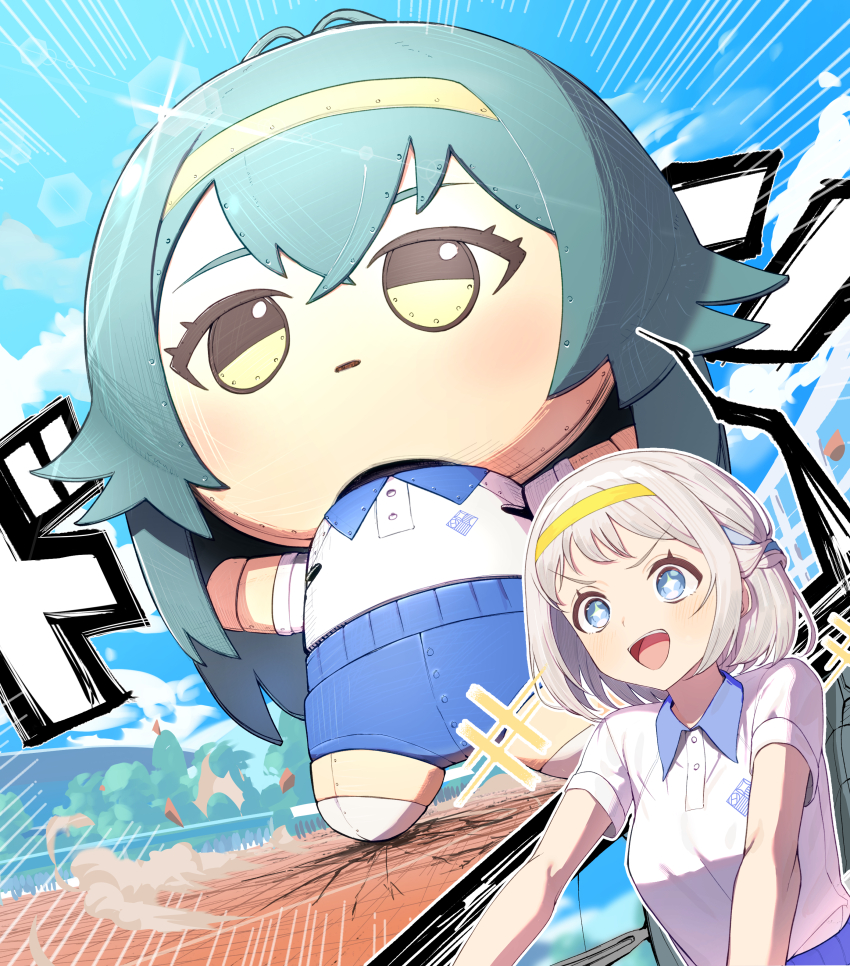 1girl absurdres blue_ribbon blush braid broken_ground chibigurumi cockpit collared_shirt commentary_request gakuen_idolmaster grey_hair gym_shirt gym_uniform hair_ribbon half_up_braid headband highres idolmaster inoshishi969 katsuragi_lilja looking_ahead mecha ribbon ribbon_braid robot shirt short_hair short_sleeves smile tsukimura_temari v-shaped_eyebrows yellow_headband
