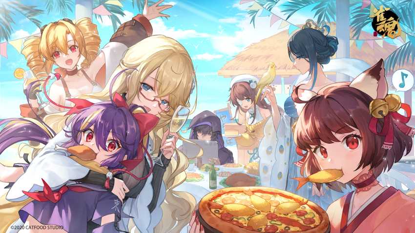 1boy 5girls :d ahoge alcohol animal_ears arm_on_another&#039;s_shoulder arm_up bell beret bird black_gloves black_hair blonde_hair blue_dress blue_eyes blue_hair blush bow braid breasts brown_hair cat_ears cat_girl champagne champagne_flute chicken_(food) chicken_leg cleavage closed_mouth cocktail commentary_request computer cup dress drill_hair drinking_glass eating eyewear_on_head food french_braid fruit glasses gloves hair_bell hair_between_eyes hair_bow hair_bun hair_ornament hair_ribbon hat highres hood hood_up ichihime jingle_bell kisaragi_ayane laptop large_breasts leaning_forward ling_(mahjong_soul) logo long_bangs long_hair long_sleeves looking_at_viewer mahjong_soul medium_breasts mirai_(mahjong_soul) multiple_girls musical_note neckerchief off-shoulder_sweater off_shoulder official_art open_mouth orange_(fruit) orange_slice parakeet partially_fingerless_gloves pepperoni pizza purple_sailor_collar purple_shirt qing_luan ransei_(mahjong_soul) red-framed_eyewear red_bow red_eyes red_neckerchief red_ribbon ribbon sailor_collar shine_cheese shinomiya_fuyumi shirt short_hair shrimp shrimp_tempura single_hair_bun small_breasts smile summer sunglasses sweater tempura twin_drills upper_body very_long_hair waving wavy_hair white_dress white_hat wide_sleeves yellow_sweater