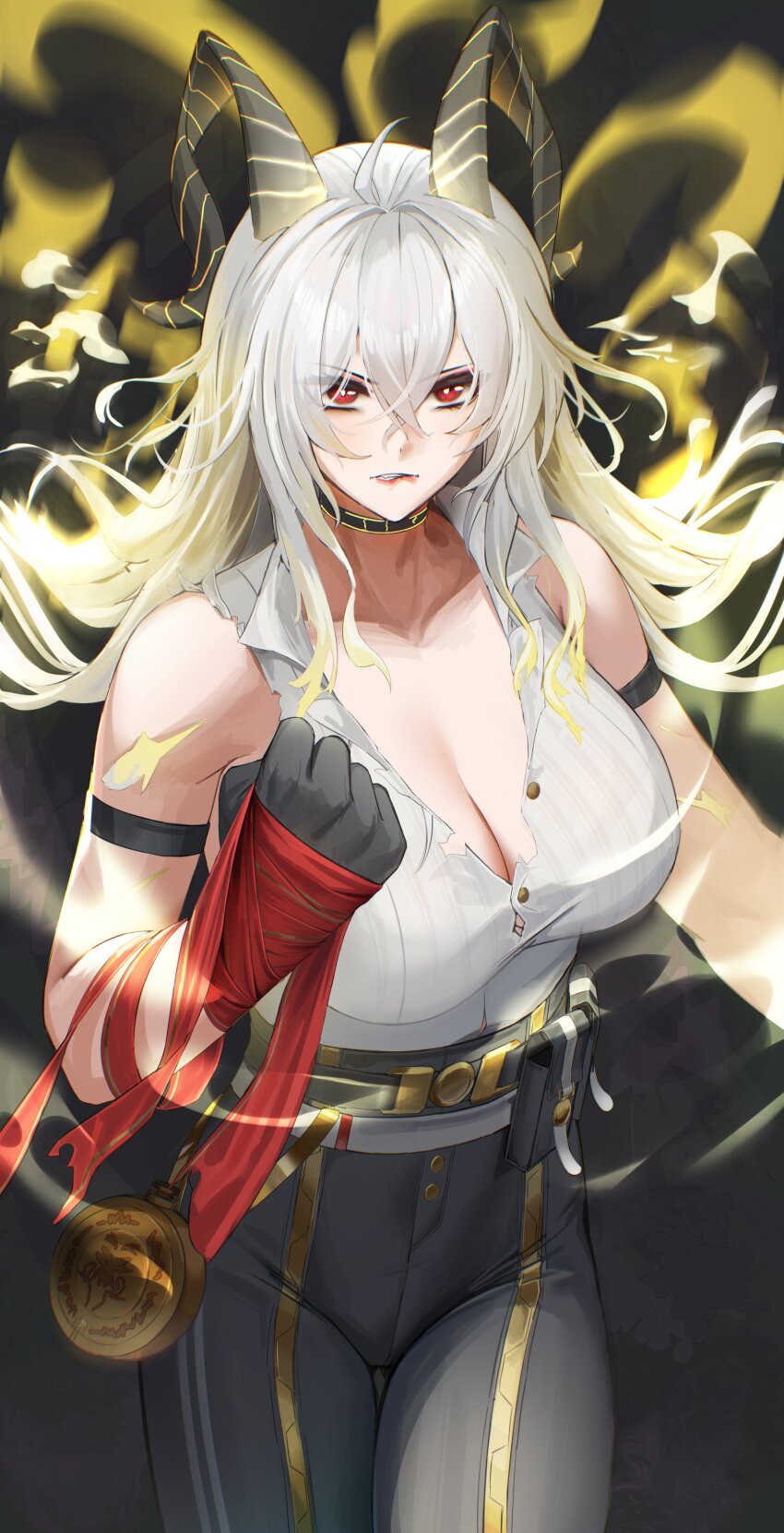 1girl absurdres anoreika_tomoe bare_shoulders barmaid biting_own_lip black_choker black_gloves black_horns black_pants breasts bright_pupils choker cleavage clenched_hand commentary cowboy_shot curled_horns english_commentary gloves gluteal_fold grey_hair hair_between_eyes high-waist_pants highres horns large_breasts long_hair looking_at_viewer necktie necktie_around_wrists pants parted_lips red_eyes red_necktie shirt shirt_tucked_in solo thigh_gap tight_clothes tight_pants torn_clothes torn_shirt white_pupils white_shirt wuthering_waves zani_(wuthering_waves)