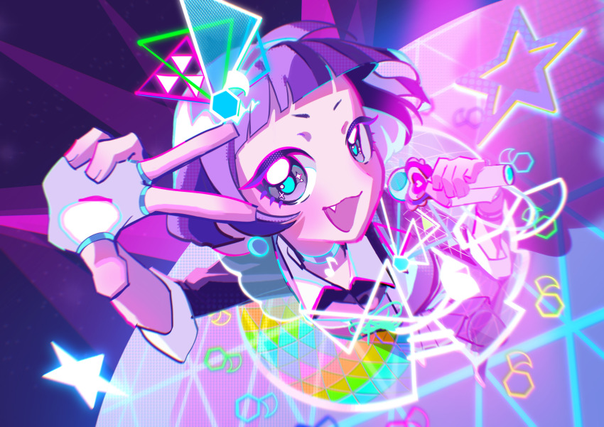 :d absurdres arm_up blue_pupils commentary fang from_above hand_up highres himitsu_no_aipri holding holding_microphone idol idol_clothes jacket looking_at_viewer mamiya_chii microphone music musical_note neon_lights open_mouth pipo_(pipopipopo00) pretty_series purple_eyes purple_hair purple_jacket see-through_clothes see-through_skirt short_hair singing skirt sleeves_rolled_up smile standing star_(symbol) straight_hair v v-shaped_eyebrows
