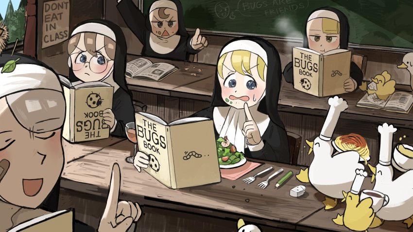 5girls :d :t ^_^ bird blonde_hair blue_eyes book brown_eyes brown_hair chalkboard chef_hat chestnut chicken closed_eyes clumsy_nun_(diva) commentary crumbs cup curtains desk diva_(hyxpk) drinking_glass duck duckling eating english_commentary eraser food food_on_face fork froggy_nun_(diva) frown glasses glasses_nun_(diva) grey_hair habit hand_up hat highres index_finger_raised juice leaf leaf_nun_(diva) leaf_on_head lecturing little_nuns_(diva) looking_to_the_side mug multiple_girls napkin nun object_on_head open_mouth orange_juice pasta pencil placemat pointing pointing_at_self poster_(object) reading salad slice_of_life smile soup spaghetti spicy_nun_(diva) spikes steam sweatdrop tea teacup traditional_nun upside-down_book wavy_mouth window wine_glass yellow_eyes