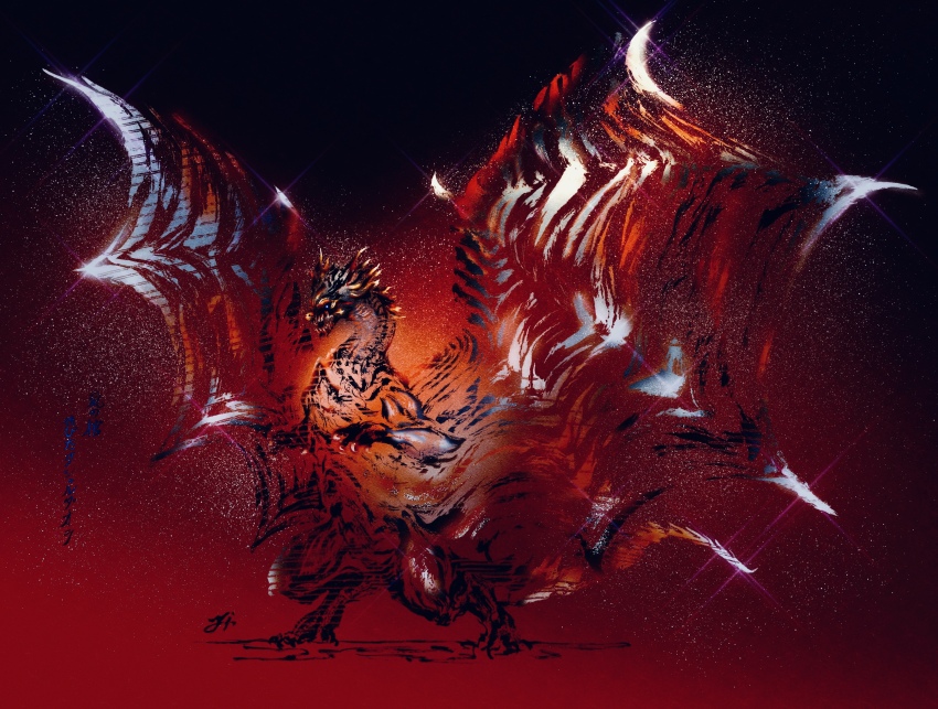 absurdres blue_eyes calligraphy claws deadpool_yuchan digitigrade dragon dragon_horns dragon_tail dragon_wings full_body highres horns kushala_daora metal monster monster_focus monster_hunter_(series) no_humans open_mouth rearing rust rusted_kushala_daora scales sharp_teeth signature solo sparkle spread_wings tail teeth western_dragon wings