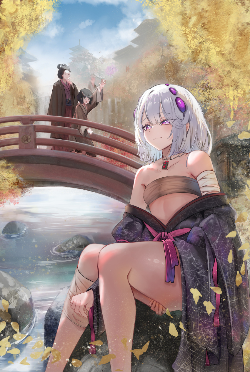 1boy 2girls absurdres architecture autumn autumn_leaves black_hair blue_sky brown_kimono chest_sarashi east_asian_architecture emma_the_gentle_blade feet_out_of_frame foliage from_below fromsoftware hair_bun hair_ornament haori highres hvajndall_l indie_virtual_youtuber japanese_clothes kimono kuro_the_divine_heir leaf multiple_girls ninja ranea_argent sarashi sekiro sekiro:_shadows_die_twice sky virtual_youtuber water waterfall