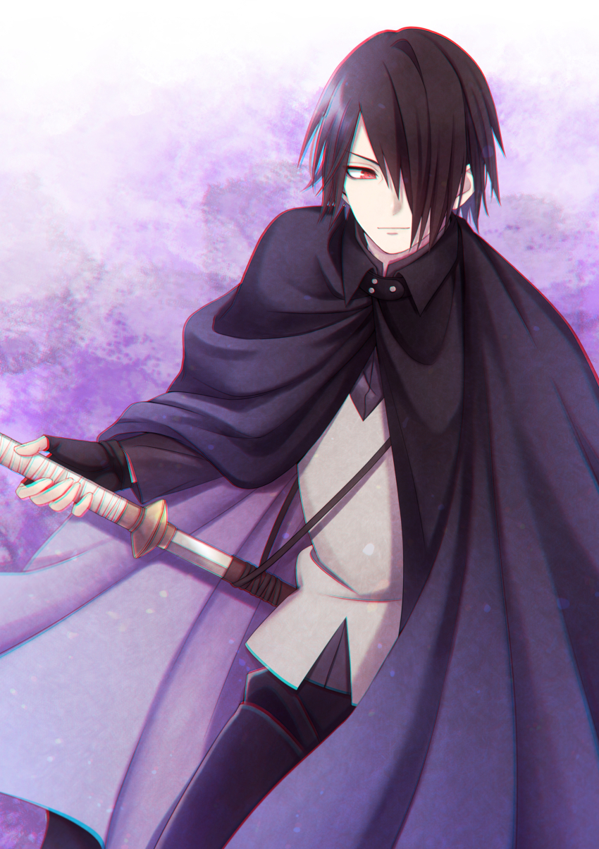 1boy absurdres black_cape black_gloves black_hair black_pants boruto:_naruto_next_generations cape fingerless_gloves gloves hair_over_one_eye highres holding holding_sword holding_weapon light_smile long_sleeves male_focus mochiii-s naruto_(series) pants red_eyes sharingan sheath shirt short_hair solo sword uchiha_sasuke unsheathing weapon