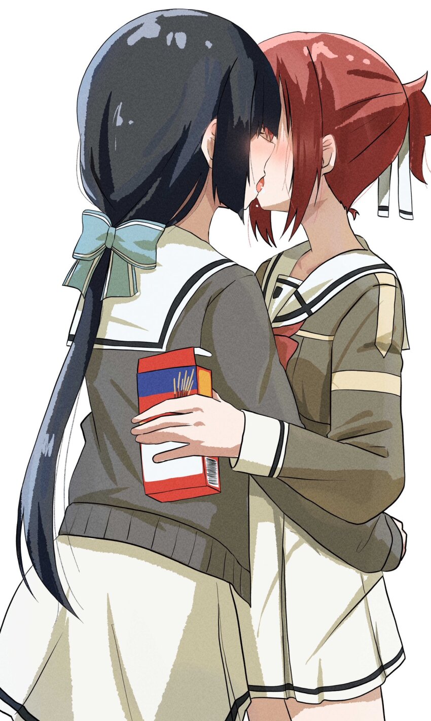 2girls birrrrrrri18 black_hair blue_bow bow bowtie commentary food french_kiss grey_shirt hair_bow highres kiss long_hair multiple_girls pocky ponytail red_bow red_bowtie red_hair sailor_collar school_uniform serafuku shirt simple_background skirt tougou_mimori white_background white_sailor_collar white_skirt yuri yuuki_yuuna yuuki_yuuna_wa_yuusha_de_aru yuusha_de_aru
