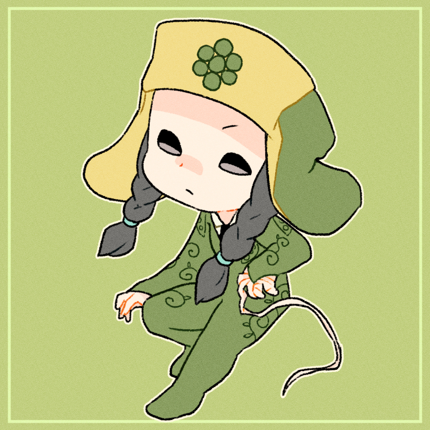 1boy black_eyes black_hair black_necktie braid chibi closed_mouth collared_shirt commentary commentary_request floral_print full_body grape_hat_ornament green_background green_hat green_jumpsuit hat highres jojo_no_kimyou_na_bouken jojolion jumpsuit leg_up long_hair long_sleeves m_a_a_m_8 male_focus mamezuku_rai necktie outline shirt solo twin_braids twintails two-tone_hat ushanka white_outline white_shirt yellow_hat