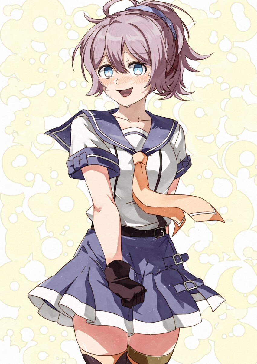 1girl aoba_(kancolle) blue_sailor_collar blush breasts commentary cosplay cowboy_shot embarrassed hair_ornament hair_scrunchie highres kanmiya_shinobu kantai_collection kinugasa_(kancolle) kinugasa_(kancolle)_(cosplay) looking_at_viewer medium_breasts neckerchief open_mouth ponytail purple_sailor_collar sailor_collar school_uniform scrunchie serafuku shirt short_hair short_ponytail solo white_shirt yellow_neckerchief