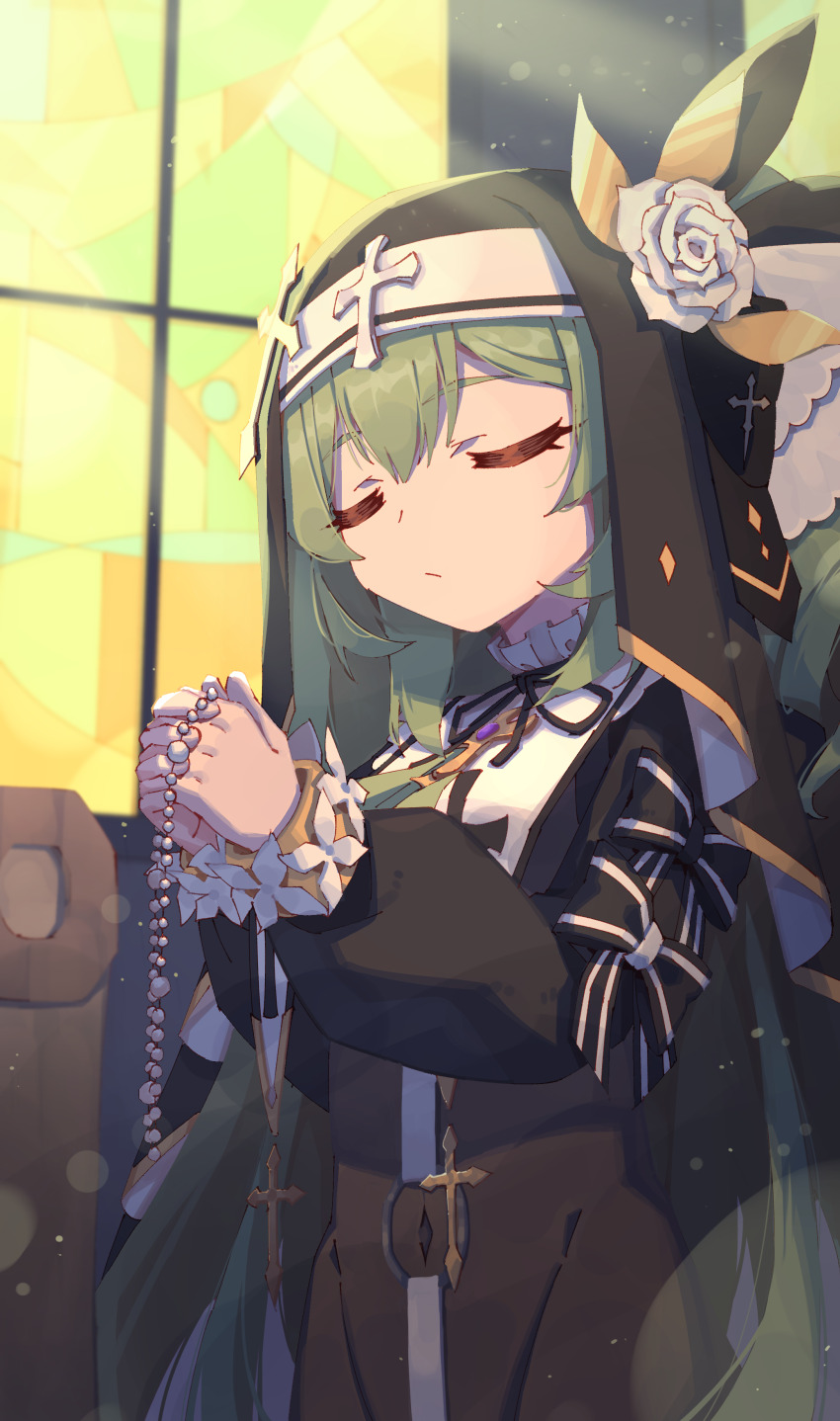 1girl absurdres belt black_bow bodystocking borrowed_character bow church closed_eyes commission cross flower green_hair hair_between_eyes hands_up highres huanxiang_koudai_meow indoors light_rays long_hair long_sleeves nun o-ring o-ring_belt original own_hands_clasped own_hands_together praying puffy_long_sleeves puffy_sleeves rosary rune_(dualhart) solo stained_glass sunbeam sunlight upper_body veil white_flower