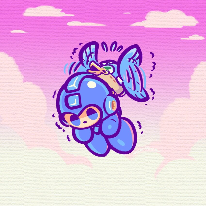 1boy beat_(mega_man) blue_helmet full_body helmet highres laser-lance male_focus mega_man_(character) mega_man_(classic) mega_man_(series) midair non-humanoid_robot pink_sky robot robot_animal robot_bird sky trembling