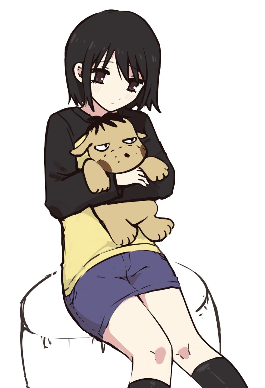 1girl black_hairband black_shirt black_socks blue_skirt blush bob_cut brown_eyes closed_mouth denim denim_skirt dot_mouth hairband highres holding holding_stuffed_toy hugging_doll hugging_object karasuda_hidemi knees_together_feet_apart light_blush long_sleeves looking_afar looking_down miniskirt nakahara_misaki nhk_ni_youkoso! ottoman_(furniture) partially_colored raglan_sleeves shirt short_hair sitting sketch skirt socks solo stuffed_animal stuffed_dog stuffed_toy t-shirt two-tone_shirt white_background yellow_shirt