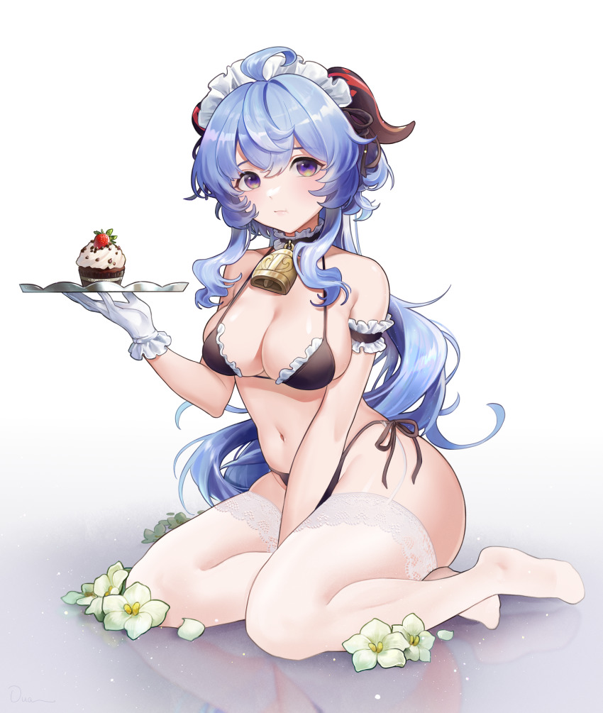 1girl absurdres between_legs bikini blue_hair breasts chi_trinh cupcake detached_collar flower food full_body ganyu_(genshin_impact) genshin_impact gloves goat_horns hand_between_legs highres holding holding_tray horns large_breasts long_hair looking_at_viewer maid maid_bikini neck_bell pout purple_eyes qingxin_flower side-tie_bikini_bottom sitting solo swimsuit thighhighs tray unconventional_maid white_background white_gloves white_thighhighs yokozuwari