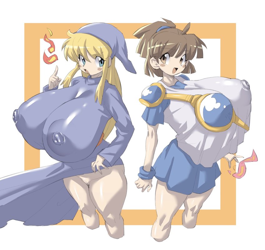 2girls absurdres alternate_breast_size arle_nadja armor blonde_hair blue_dress blue_eyes blue_headwear blue_skirt blush_stickers breastplate breasts brown_eyes brown_hair cleft_of_venus compile covered_erect_nipples cropped_legs dress female_focus fire gigantic_breasts hat highres huge_areolae huge_nipples long_sleeves madou_monogatari magic multiple_girls nipples no_panties ponytail puyopuyo sakana888888888 sega short_sleeves simple_background skirt two-tone_background white_background witch_(puyopuyo) witch_hat wristband