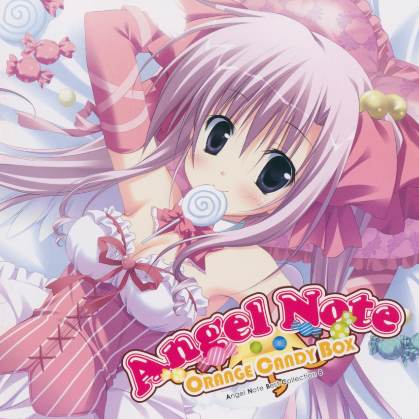 1girl 2000s_(style) absurdres album_cover album_name bare_shoulders bed bed_sheet blush bow bowtie breasts brooch candy candy_wrapper choker cleavage copyright_name corset cover cross-laced_clothes cross-laced_corset detached_collar dress elbow_gloves food frilled_pillow frills gloves group_name hair_bow head_on_pillow heart heart_brooch highres jewelry korie_riko lollipop lollipop_in_mouth long_hair looking_at_viewer lying on_bed original pillow pink_bow pink_choker pink_dress pink_gloves pink_hair pink_ribbon red_ribbon ribbon ribbon_trim solo strapless swirl_lollipop twintails