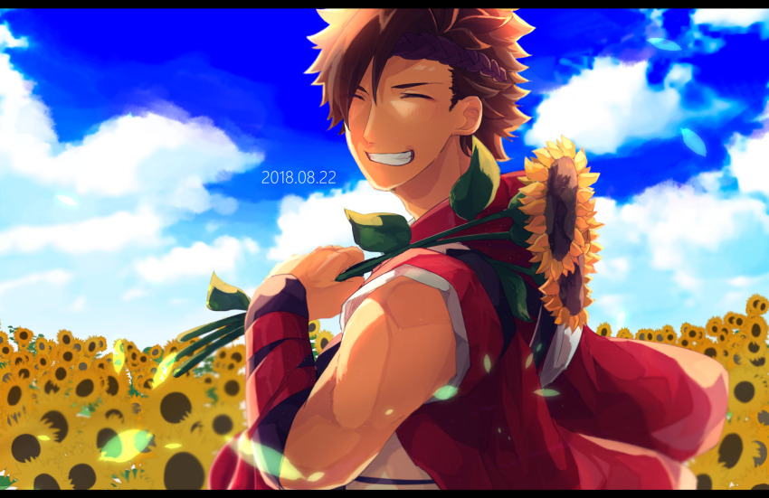 1boy blue_sky brown_hair closed_eyes cloud cloudy_sky field fire_emblem fire_emblem_fates flower flower_field headband highres holding holding_flower japanese_clothes male_focus matumuraaaa nintendo shiro_(fire_emblem) sky solo sunflower sunflower_field teeth