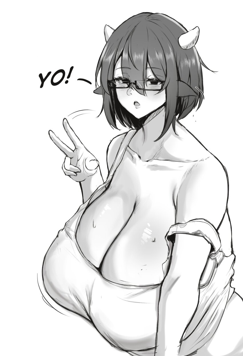 1girl animal_ears bare_shoulders black_eyes breasts chanom_(minori) cleavage collarbone cow_ears cow_girl ears_down english_text eyelashes female_focus glasses half-closed_eyes huge_breasts looking_at_viewer minori_(user_eket5233) monochrome motion_lines open_mouth original shiny_skin shirt short_hair solo sweat upper_body v