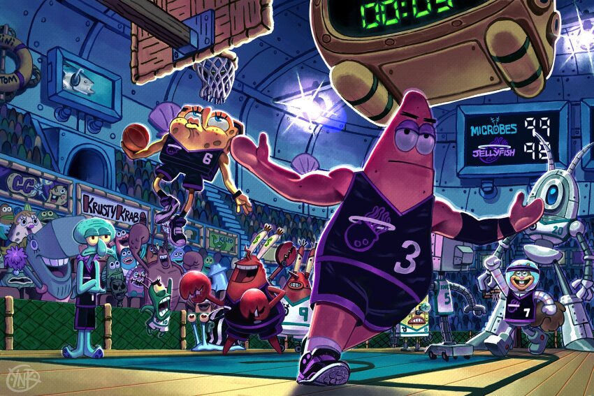 3girls 6+boys baby_prunes_(spongebob) ball basketball basketball_(object) basketball_court basketball_hoop bubble_buddy closed_mouth commentary commission crossed_arms crowd english_commentary expressionless fred_(spongebob) full_body gary_(spongebob) highres holding holding_ball indoors jellyfish_(spongebob) jumping karen_plankton larry_the_lobster meme midair money-shaped_pupils mr._krabs mrs._puff multiple_boys multiple_girls nicole_kim_(ynkimart) open_mouth outstretched_arms patrick_star pearl_krabs people plankton_(spongebob) playing_sports robot sandy_cheeks slam_dunk_(basketball) smile spongebob_squarepants spongebob_squarepants_(series) sportswear squidward_tentacles standing symbol-shaped_pupils wade-lebron_dunk_picture_(meme)