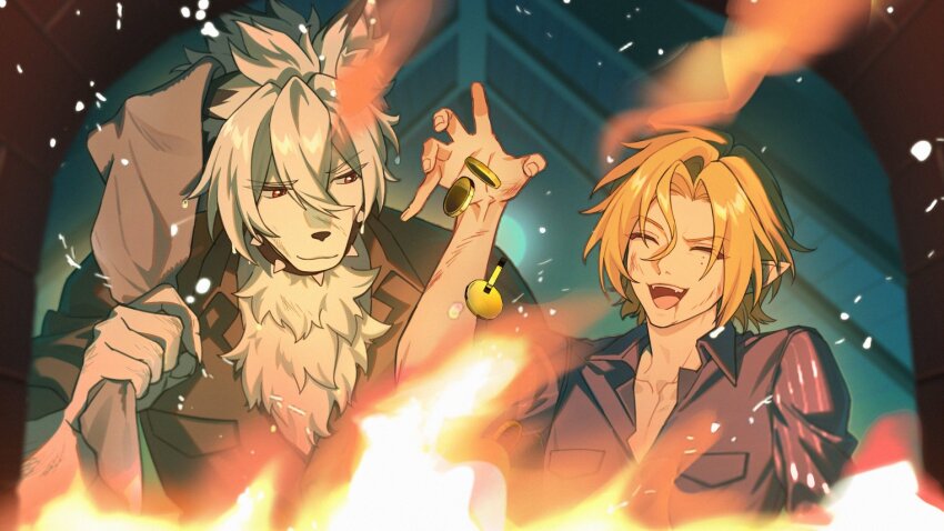 2boys :d animal_ears black_shirt blonde_hair breast_pocket coin collar fangs fire furry furry_male hashtag-only_commentary hugo_vlad looking_at_another lpp_evemace male_focus mole mole_under_eye multiple_boys open_mouth partially_unbuttoned pectoral_cleavage pectorals pocket pointy_ears purple_shirt red_eyes shirt short_hair smile spiked_collar spikes von_lycaon white_fur white_hair wolf_boy wolf_ears zenless_zone_zero