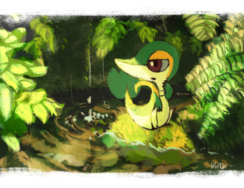 animal_focus bishamon_(usagi_ba) commentary_request full_body gen_5_pokemon highres leaf letterboxed looking_to_the_side nintendo no_humans open_mouth outdoors pokemon pokemon_(creature) pokemon_focus pond red_eyes ripples signature sitting snivy solo