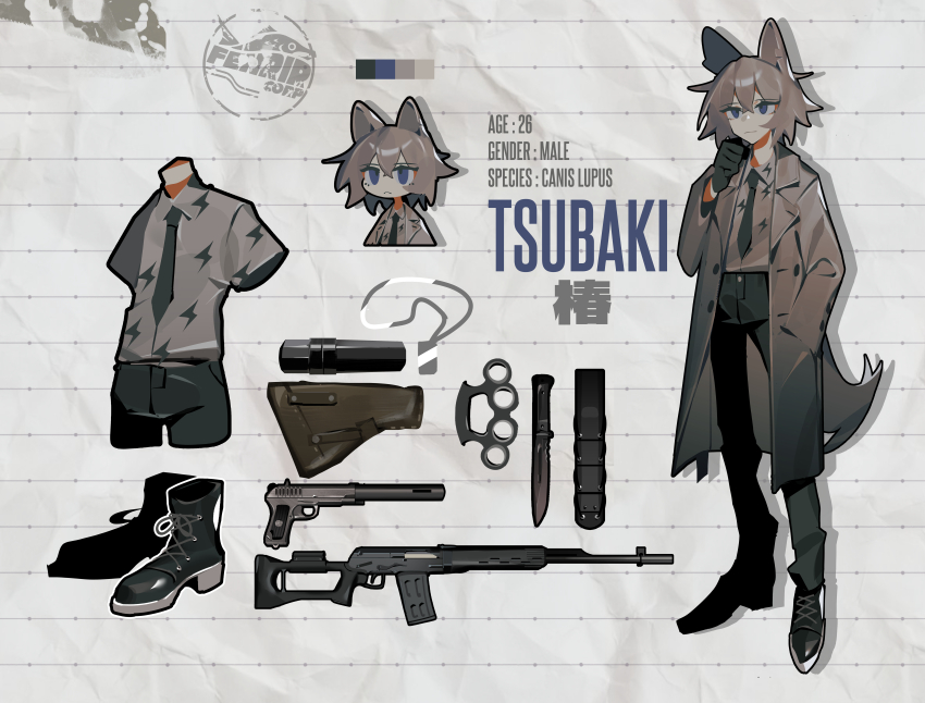 absurdres animal_ears blue_eyes brass_knuckles character_name coat combat_knife dog_tags dragunov_svd english_text full_body ghost_(tama) gloves grey_coat grey_hair grey_necktie gun handgun highres holster knife necktie original pants rifle sheath short_hair sniper_rifle tail tokarev_tt-33 weapon wolf_ears wolf_girl wolf_tail