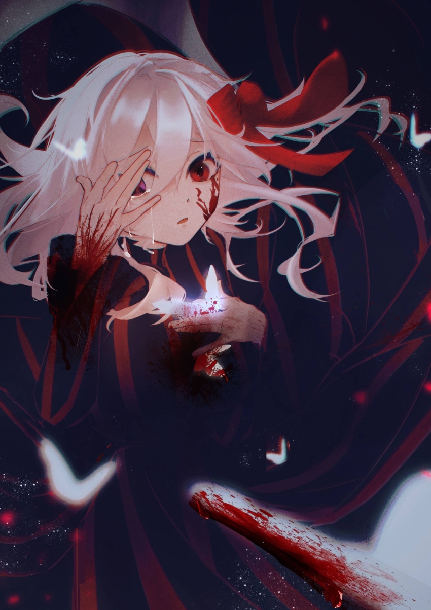 1girl black_background black_dress blood blood_on_hands bloody_wings blue_butterfly bug butterfly commentary_request corruption crying dark_sakura dress fate/stay_night fate_(series) glowing hair_ribbon heaven&#039;s_feel highres insect long_hair matou_sakura open_mouth red_eyes red_ribbon ribbon solo streaming_tears tears user_cekp8748 white_hair wings