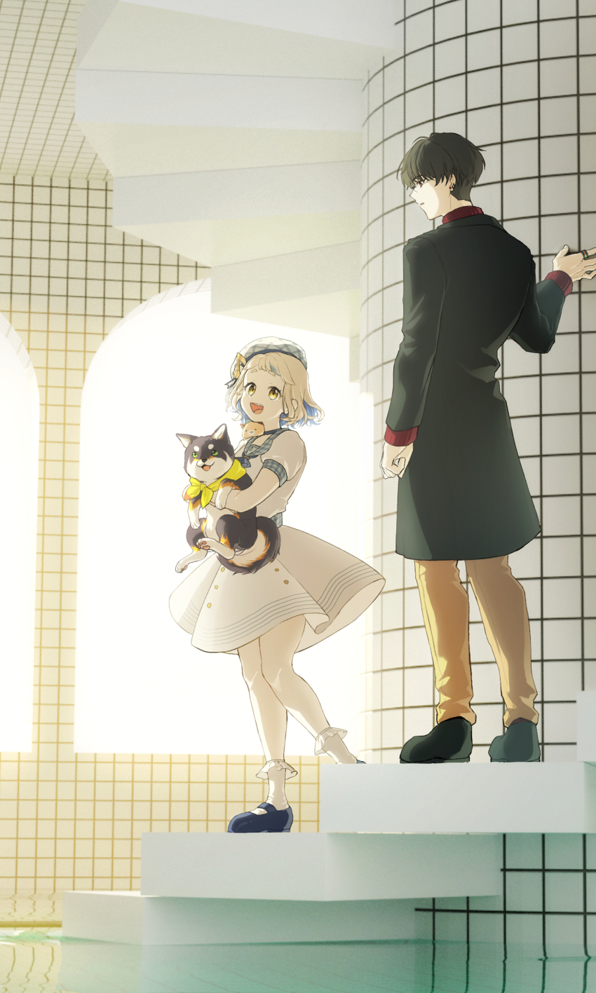 1boy 1girl absurdres animal backrooms_(creepypasta) black_coat black_hair black_shoes brown_pants coat dog dress full_body gonzalez_(machita_chima) green_eyes hat highres holding holding_animal holding_dog jewelry kokumucho_(nijisanji) kuroi_shiba looking_at_another looking_at_viewer machita_chima machita_chima_(4th_costume) maruta_(rintonosousaku) mary_janes nijisanji open_mouth pants red_eyes ring shoes teeth thighhighs upper_teeth_only virtual_youtuber white_thighhighs yellow_eyes yumeoi_kakeru yumeoi_kakeru_(5th_costume)