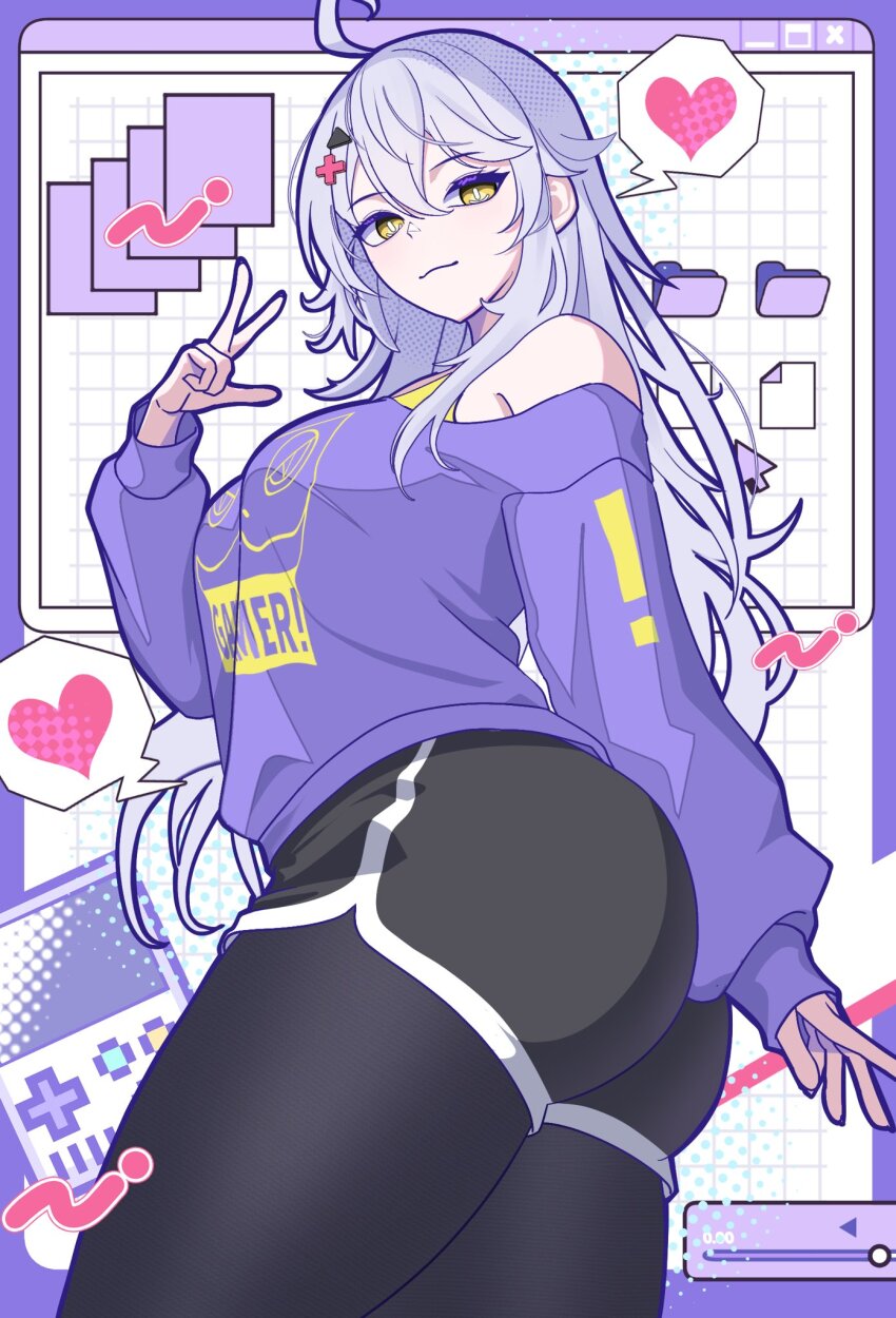 1girl ahoge black_pantyhose black_shorts closed_mouth folder game_boy grey_hair handheld_game_console heart highres looking_at_viewer natsuki_iroha pantyhose purple_shirt shirt shorts smile solo spoken_heart v virtual_youtuber vshojo yellow_eyes zentreya zentreya_(cyborg) zentreya_(mmo_zen)