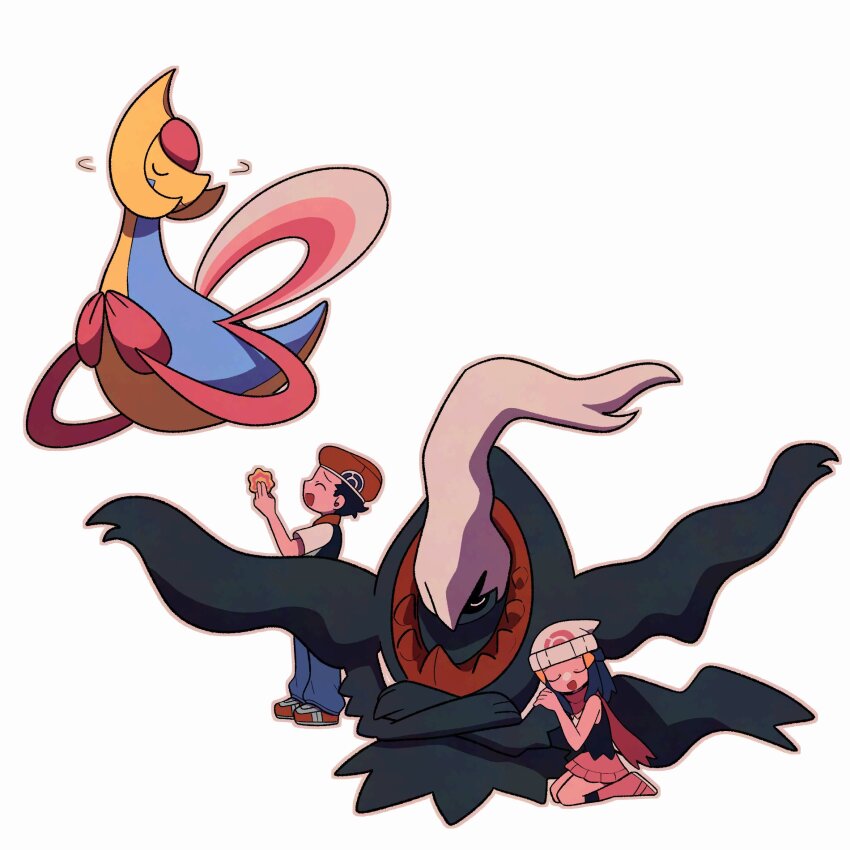 1boy 1girl :d beanie black_hair black_shirt black_socks black_vest blue_pants boots closed_eyes cresselia darkrai dawn_(pokemon) gen_4_pokemon hand_up hat highres holding kneehighs legendary_pokemon lucas_(pokemon) mythical_pokemon nintendo open_mouth pants pink_boots pink_skirt pokemon pokemon_(creature) pokemon_dppt red_hat red_shoes scarf shirt shoes short_hair short_sleeves simple_background sitting skirt sleeveless sleeveless_shirt smile socks standing tyako_089 vest white_background