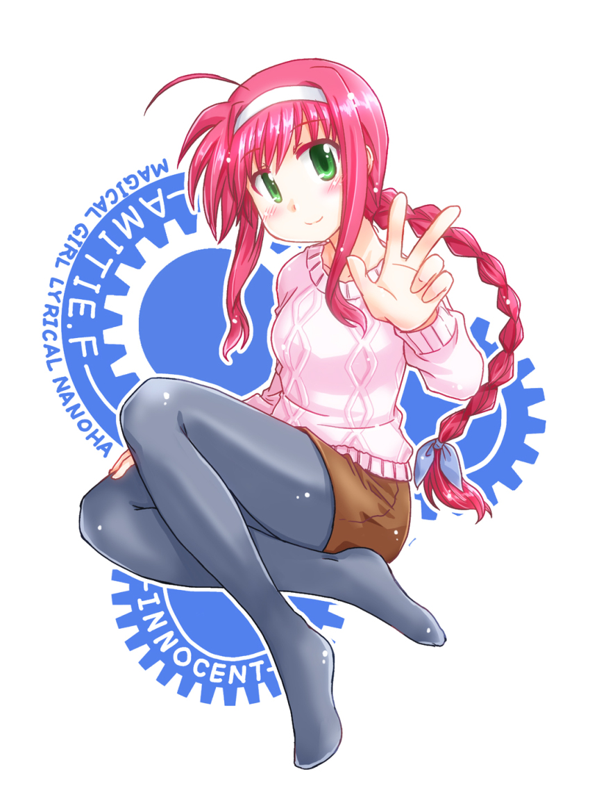 1girl ahoge amitie_florian black_pantyhose blue_ribbon braid braided_ponytail brown_skirt closed_mouth commentary_request copyright_name english_text floating furafura gears green_eyes hair_ribbon hairband highres legs legs_up long_hair long_sleeves looking_at_viewer lyrical_nanoha mahou_shoujo_lyrical_nanoha_innocent miniskirt no_shoes pantyhose partial_commentary pink_sweater red_hair ribbon sidelocks simple_background single_braid skirt smile solo sweater text_background w white_background white_hairband