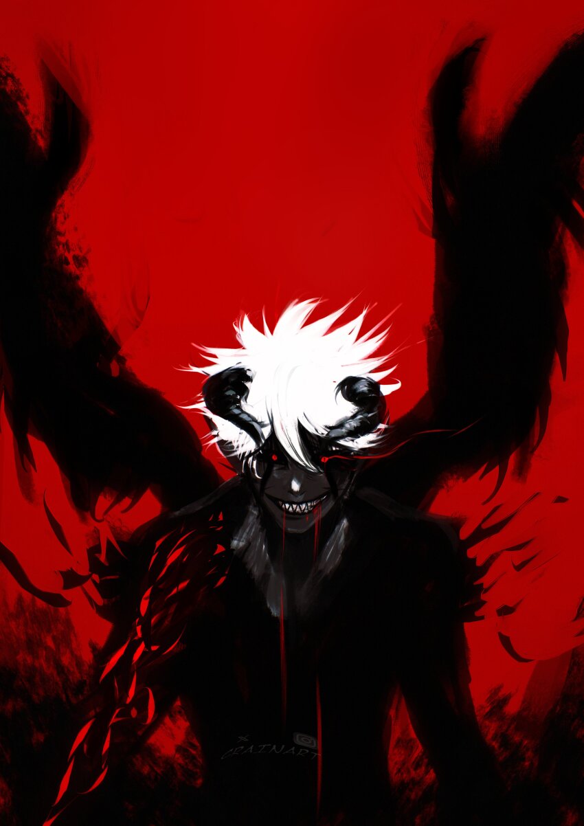 1boy absurdres black_clover blood blood_from_mouth crain1art demon demon_horns demon_wings highres horns liebe_(black_clover) looking_at_viewer male_focus red_background red_eyes sharp_teeth solo teeth twitter_username white_hair wings