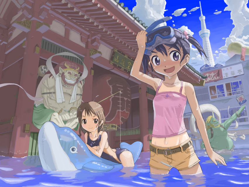 2boys 2girls 310 :d architecture bad_id bad_pixiv_id bag belt black_hair brown_hair child cloud coca-cola colored_skin competition_swimsuit day diving_mask diving_mask_on_head drum east_asian_architecture fishing fishing_rod flood fuujin_(mythology) goggles goggles_on_head green_eyes green_skin grin hair_bobbles hair_ornament hairclip happy horns inflatable_dolphin inflatable_toy instrument kooribata midriff monster multiple_boys multiple_girls one-piece_swimsuit one-piece_tan open_mouth original outdoors purple_eyes purple_hair raijin_(mythology) short_hair short_twintails shorts shrine sky smile snorkel swimsuit tan tank_top tanline temple tokyo_(city) twintails vanishing_point wading water wet wet_clothes