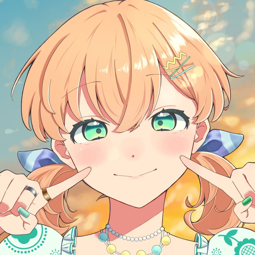1girl aqua_eyes bead_necklace beads blue_sky commentary crossed_bangs fingers_to_cheeks frilled_shirt frills gradient_sky green_nails green_shirt hair_between_eyes hair_ornament hairclip highres hinoshita_kaho jewelry link!_like!_love_live! long_sleeves looking_at_viewer love_live! low_twintails medium_hair natsumeki_pain necklace official_alternate_costume orange_hair portrait ring shanma_aq shirt sky solo twintails virtual_youtuber x_hair_ornament