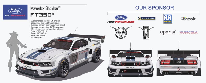 absurdres brand_name_imitation english_text ford ford_mustang ford_mustang_gt350r ford_mustang_s197 fr_(frrrr) highres microsoft multiple_views original second-party_source silhouette simple_background spoiler_(automobile) sponsor vehicle_focus wheel white_background