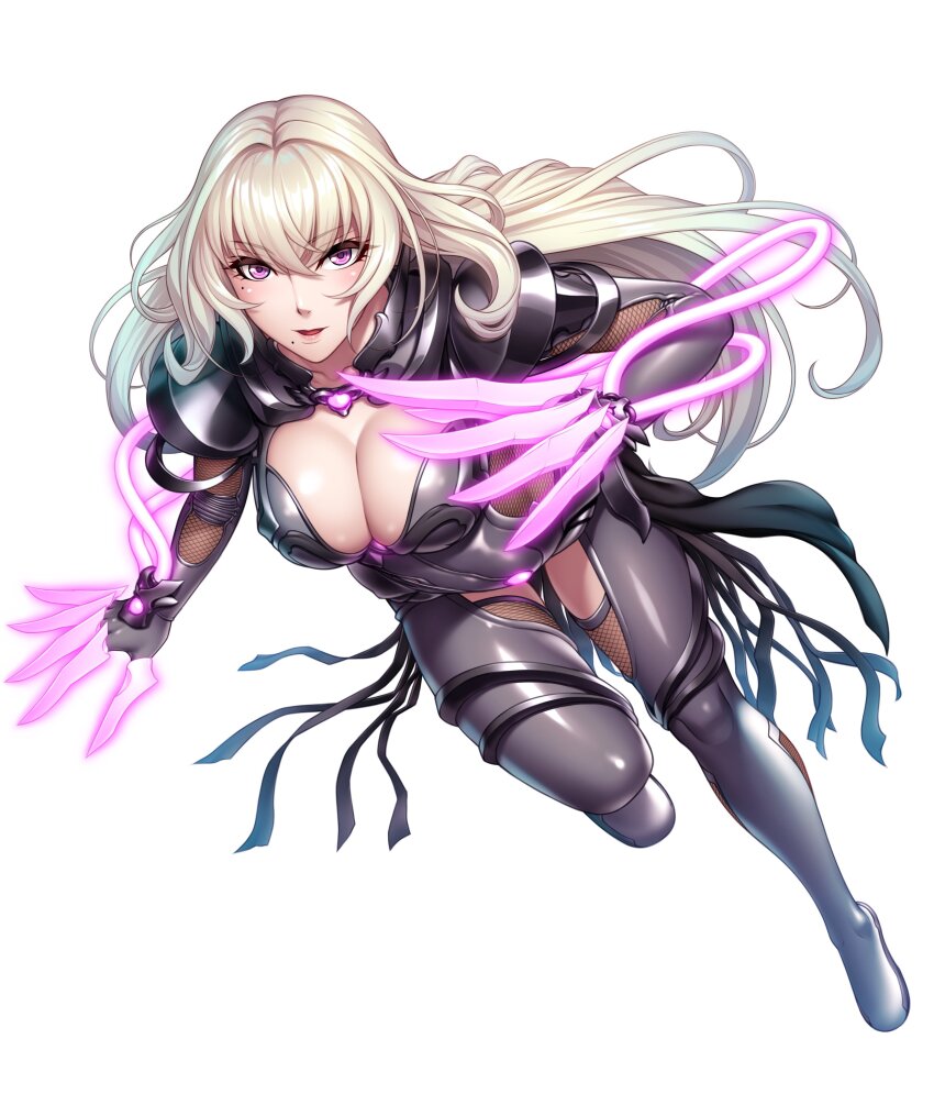 1girl absurdres armor blonde_hair breasts claws cleavage fishnets highres igawa_senshu k-suwabe large_breasts long_hair looking_at_viewer mole mole_under_mouth official_art purple_eyes second-party_source shoulder_armor taimanin_(series) taimanin_rpgx taimanin_suit white_background