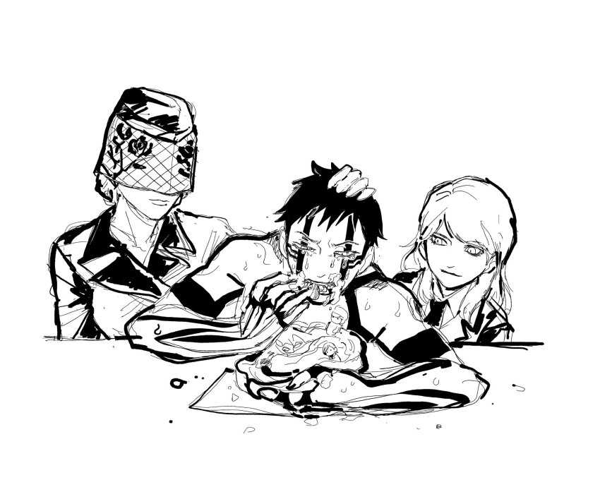 1girl 2boys body_markings cake character_doll closed_mouth crying demi-fiend eating food greyscale hand_on_another&#039;s_head highres lady_in_black long_hair lucifer_(megami_tensei) monochrome multiple_boys nitta_isamu open_mouth shin_megami_tensei shin_megami_tensei_iii:_nocturne short_hair sketch smile streaming_tears takao_yuko tears temple_paradise veil white_background