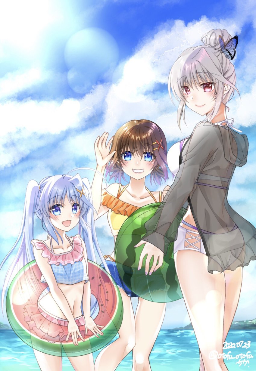 3girls ameyado_chika artist_name bad_id bad_pixiv_id ball beachball bikini bikini_skirt blue_bikini blue_eyes blue_hair blue_sky brown_hair butterfly_hair_ornament closed_mouth cloud cloudy_sky commentary dated day food_print frilled_bikini frills from_behind fruit_print grin hair_bun hair_ornament hair_tie hair_up highres holding holding_ball holding_swim_ring horizon innertube long_hair long_sleeves looking_at_viewer looking_back lyrical_nanoha mahou_shoujo_lyrical_nanoha mismatched_bikini multi-strapped_bikini multiple_girls navel ocean open_mouth outdoors purple_eyes reinforce reinforce_zwei see-through_clothes shore short_hair sidelocks signature silver_hair single_hair_bun sky smile standing swim_ring swimsuit swimsuit_cover-up time_paradox twintails twitter_username watermelon_print waving white_bikini x_hair_ornament yagami_hayate yellow_bikini