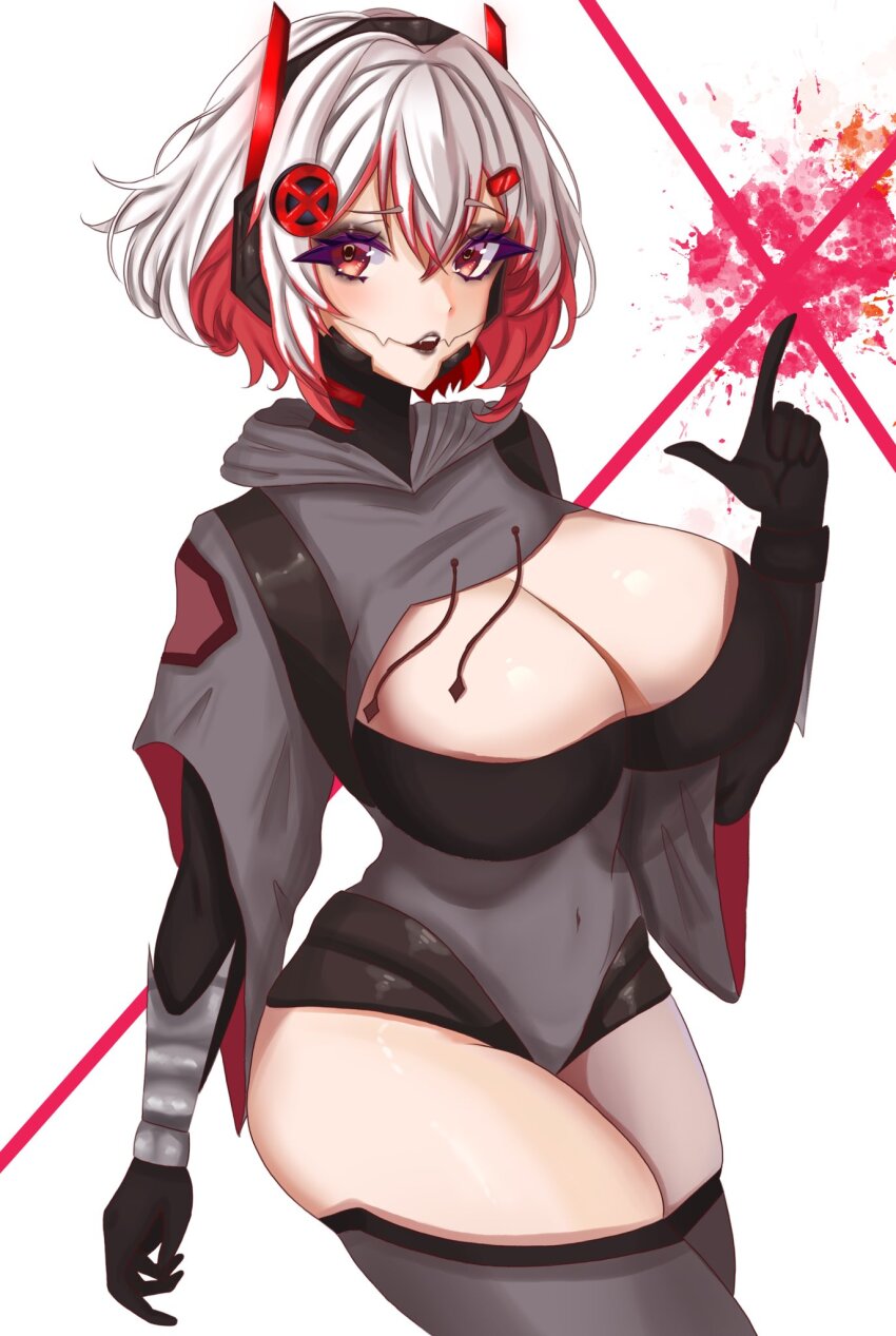 1girl black_gloves breasts cleavage cleavage_cutout clothing_cutout colored_inner_hair covered_navel cropped_hoodie eyelashes gloves grey_hoodie grey_lips grey_thighhighs hair_ornament headgear highres hood hoodie large_breasts multicolored_hair nemuruii parted_lips red_eyes red_hair sinthya_sanguine solo streaked_hair symbol-shaped_pupils thighhighs vallure virtual_youtuber white_hair
