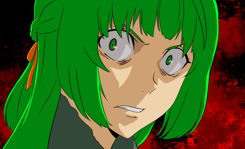 1girl bags_under_eyes braid clenched_teeth commentary_request green_eyes green_hair half_up_braid higurashi_no_naku_koro_ni long_hair looking_at_viewer meiko_(nattu303) portrait professor_(ragnarok_online) ragnarok_online solo teeth v-shaped_eyebrows