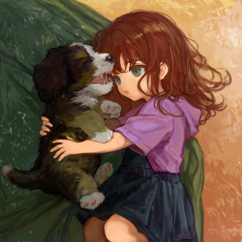 1girl absurdres black_skirt child commentary_request dog feet_out_of_frame freckles green_eyes highres hood hooded_jacket jacket long_hair lying on_side open_mouth orange_hair original pleated_skirt puppy purple_jacket sero3eta skirt solo