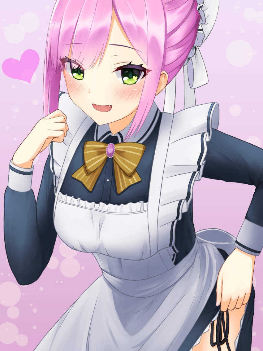 1girl :d absurdres alternate_costume alternate_hairstyle apron black_dress bow breasts cafe_stella_to_shinigami_no_chou clothes_lift commentary company_connection cosplay cowboy_shot dress dress_lift enmaided eyelashes eyes_visible_through_hair fang frilled_apron frills green_eyes hair_bun half_updo heart highres large_breasts lifting_own_clothes long_sleeves looking_at_viewer maid maid_apron mesugaki open_mouth parted_bangs pink_background pink_hair pink_theme pinstripe_bow shiki_natsume shiki_natsume_(cosplay) sigure_hazime simple_background single_hair_bun smile smirk solo standing tanikaze_amane tenshi_souzou_re-boot! white_apron yellow_bow yuzu-soft