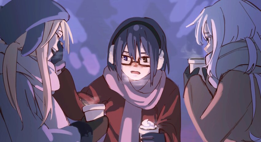 3girls black_hair blonde_hair blue_eyes breath brown_eyes closed_eyes coat coffee cup disposable_coffee_cup disposable_cup drink earmuffs egakuning glasses gloves grey_eyes heterochromia highres holding holding_cup holding_drink kamikoshi_sorawo kozakura_(urasekai_picnic) long_hair medium_hair multiple_girls nishina_toriko nose_pinch red_coat red_nose scarf semi-rimless_eyewear snow steam breath urasekai_picnic whipped_cream white_hair white_scarf winter_clothes winter_gloves yuri