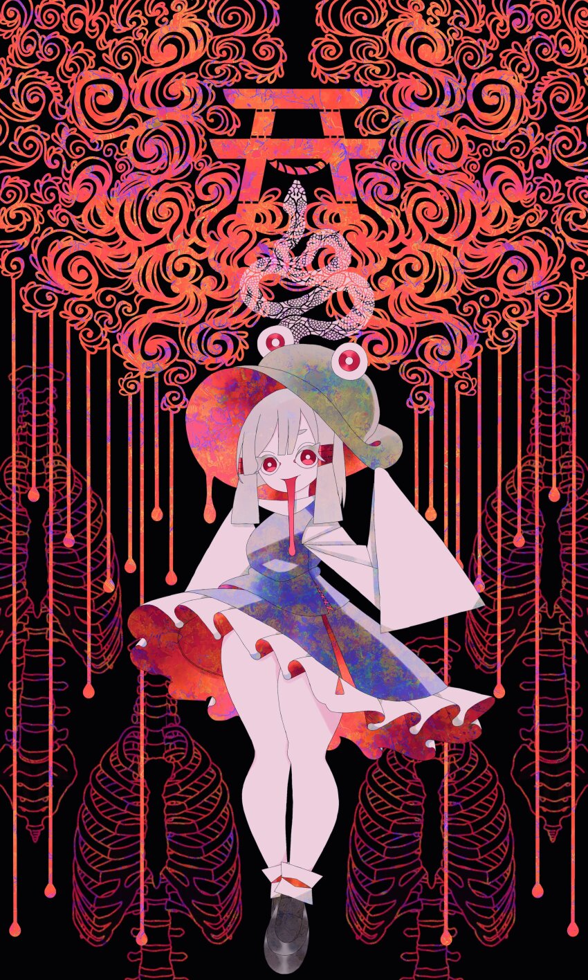 1girl absurdres acid_trip animal_print blonde_hair boku_(isizakitakasi) brown_hat commentary commentary_request frog frog_hair_ornament frog_print hair_ornament hat highres leaf_umbrella looking_at_viewer moriya&#039;s_iron_rings moriya_suwako onbashira purple_skirt purple_vest pyonta rope skeleton skirt snake snake_hair_ornament solo torii touhou vest wide_sleeves
