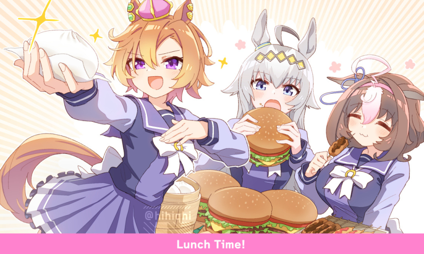3girls animal_ears bamboo_steamer blue_eyes blush bow bowtie breasts brown_hair burger closed_eyes corn_dog crown ear_ornament ear_piercing ears_down emphasis_lines english_text food food_on_face grey_hair hair_ornament hairband hand_on_own_chest hihiqhi holding holding_food horse_ears horse_girl horse_tail large_breasts long_hair long_sleeves meisho_doto_(umamusume) mini_crown multiple_girls oguri_cap_(umamusume) open_mouth orange_hair outstretched_arm piercing purple_eyes purple_shirt purple_skirt sailor_collar school_uniform shirt short_hair skirt small_breasts smile sparkle steamed_bun t.m._opera_o_(umamusume) tail tracen_school_uniform twitter_username umamusume watermark