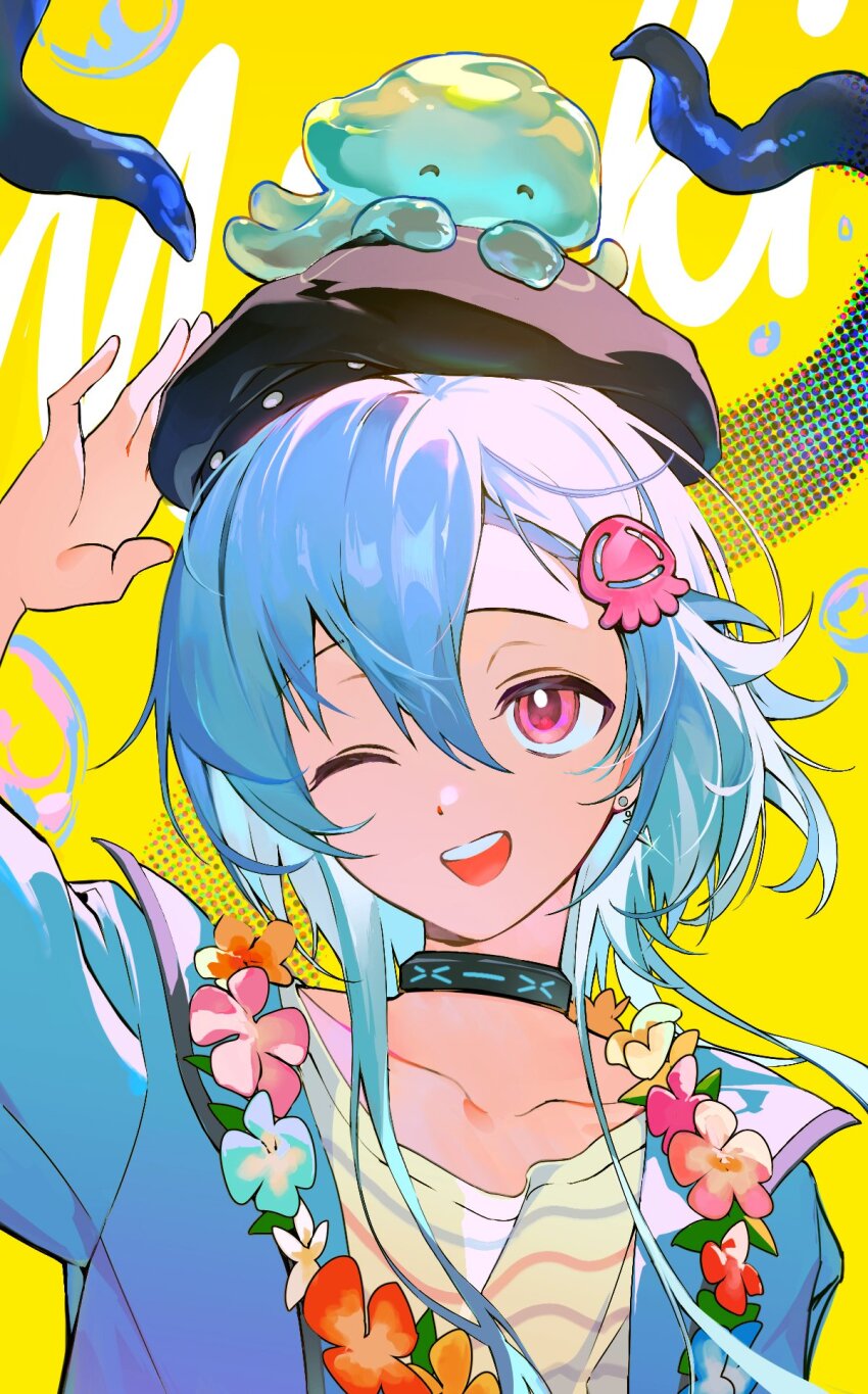 1boy ^_^ animal animal_on_head arknights beret black_hat blue_hair blue_jacket bright_pupils character_name closed_eyes commentary english_commentary flower flower_necklace hat highres infection_monitor_(arknights) jacket jellyfish jellyfish_hair_ornament jewelry lei long_hair looking_up male_focus mizuki_(arknights) mizuki_(summer_feast)_(arknights) necklace on_head one_eye_closed pamipamu pink_eyes shirt sidelocks smile solo striped_clothes striped_shirt teeth tentacles upper_teeth_only white_pupils white_shirt