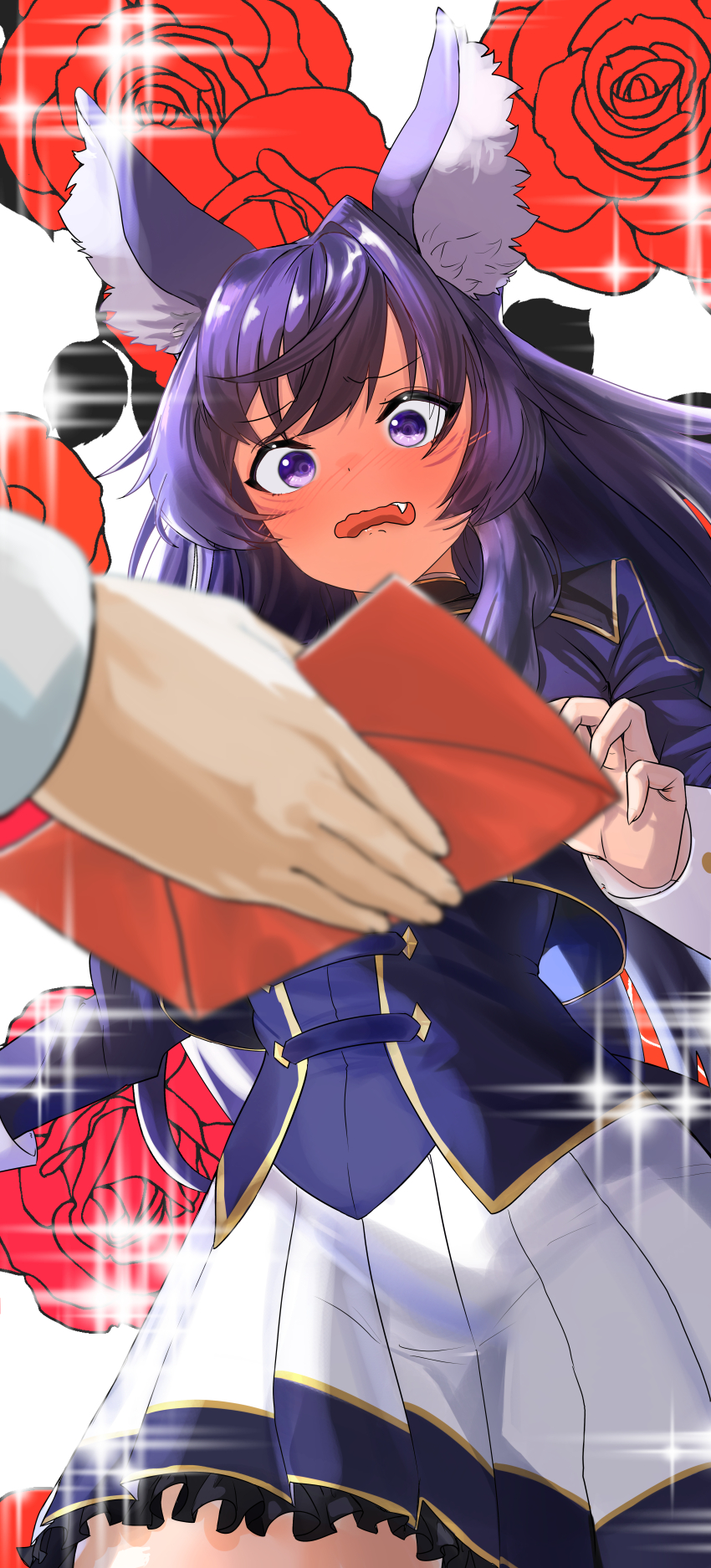 1girl absurdres animal_ears black_hair delta_(kage_no_jitsuryokusha_ni_naritakute!) hair_between_eyes highres kage_no_jitsuryokusha_ni_naritakute! long_hair okazaki024 open_mouth purple_eyes school_uniform tagme tail wolf_ears wolf_girl wolf_tail